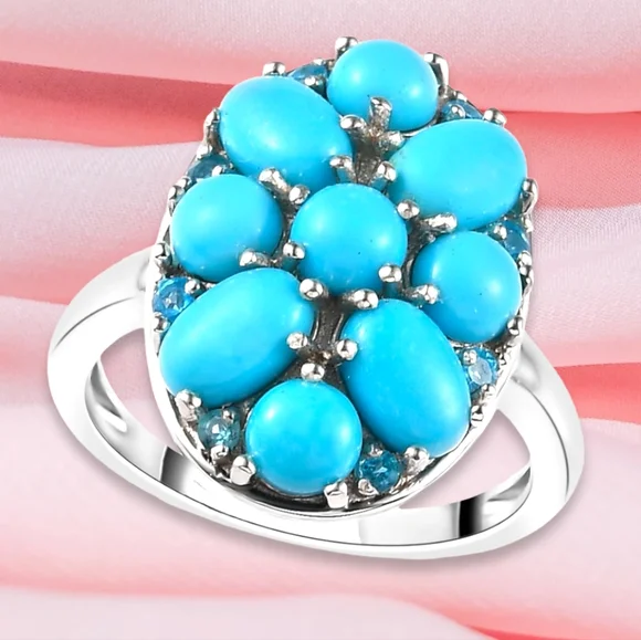 NWT AMERICAN SLEEPING BEAUTY TURQUOISE & NEON APATITE PLATINUM PLATED .925 RING